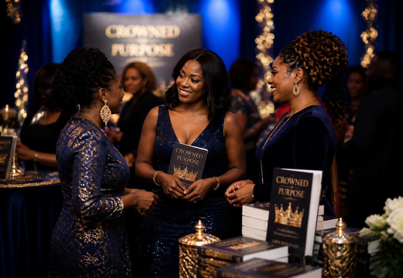 Authors and creatives connecting at an elevated sapphire and gold evening showcase
